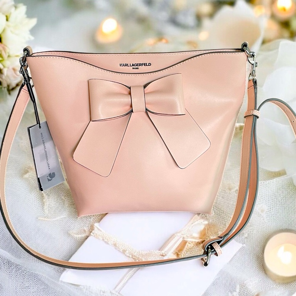 Karl Lagerfeld Peony Pink Bow Crossbody Bag with Silver Accents NWT